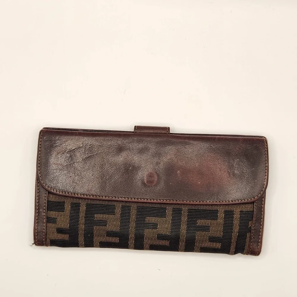 Authentic FENDI Zucca FF Monogram Long Trifold Wallet Brown Tobacco Vintage Rare